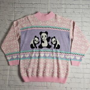 Vintage Adele Knitwear Panda Sweater Pastel Pink Sparkle Made in USA Kawaii